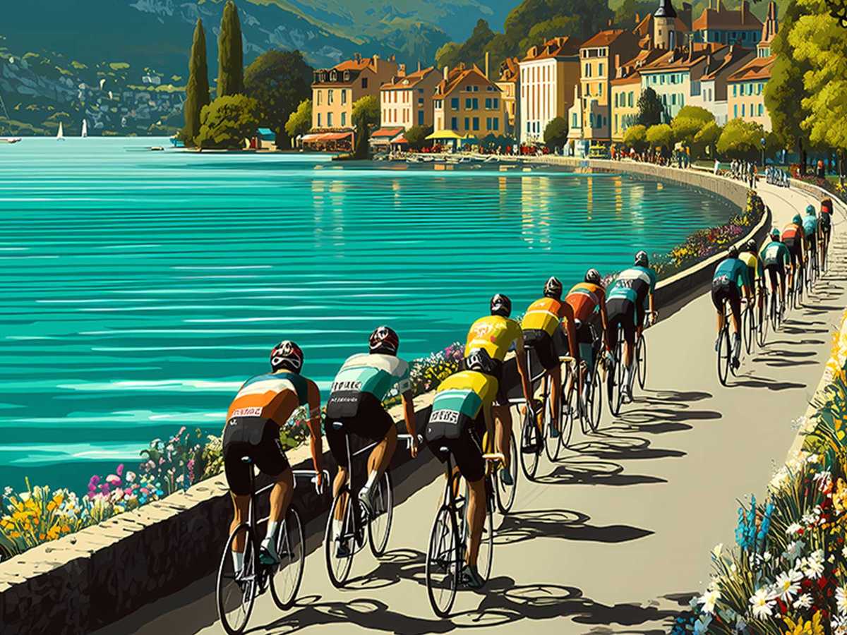 Close-up of cyclists bathed in warm alpine sunlight, emphasizing elongated shadows and retro race jerseys