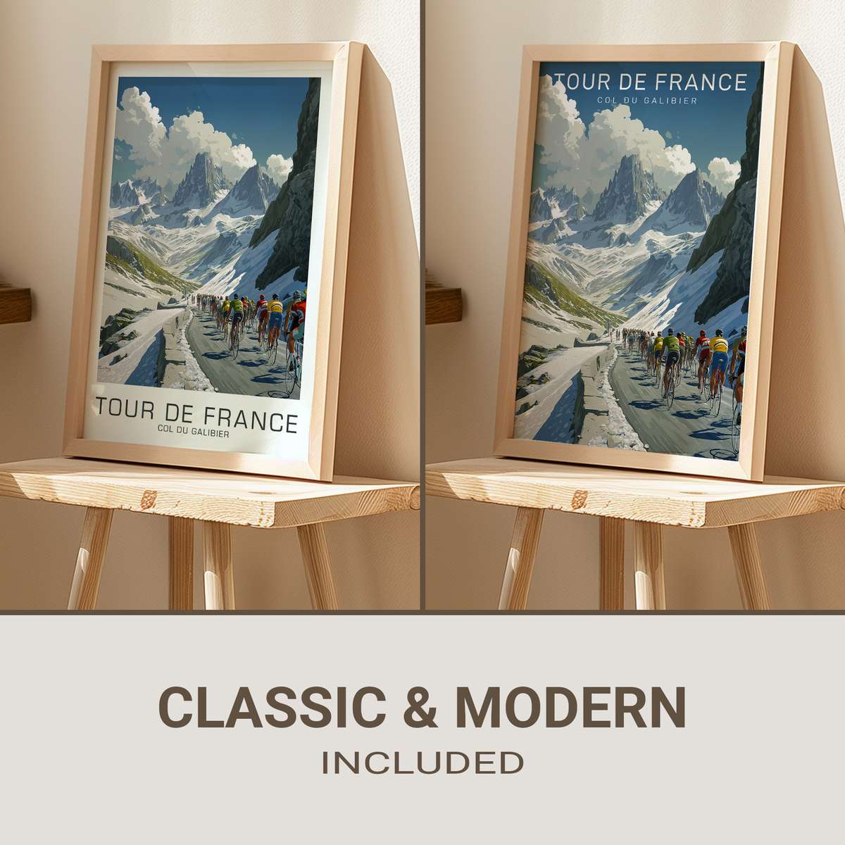 Retro poster style silhouette of a cyclist cresting the Col du Galibier summit with mountain ridges and a pale sky