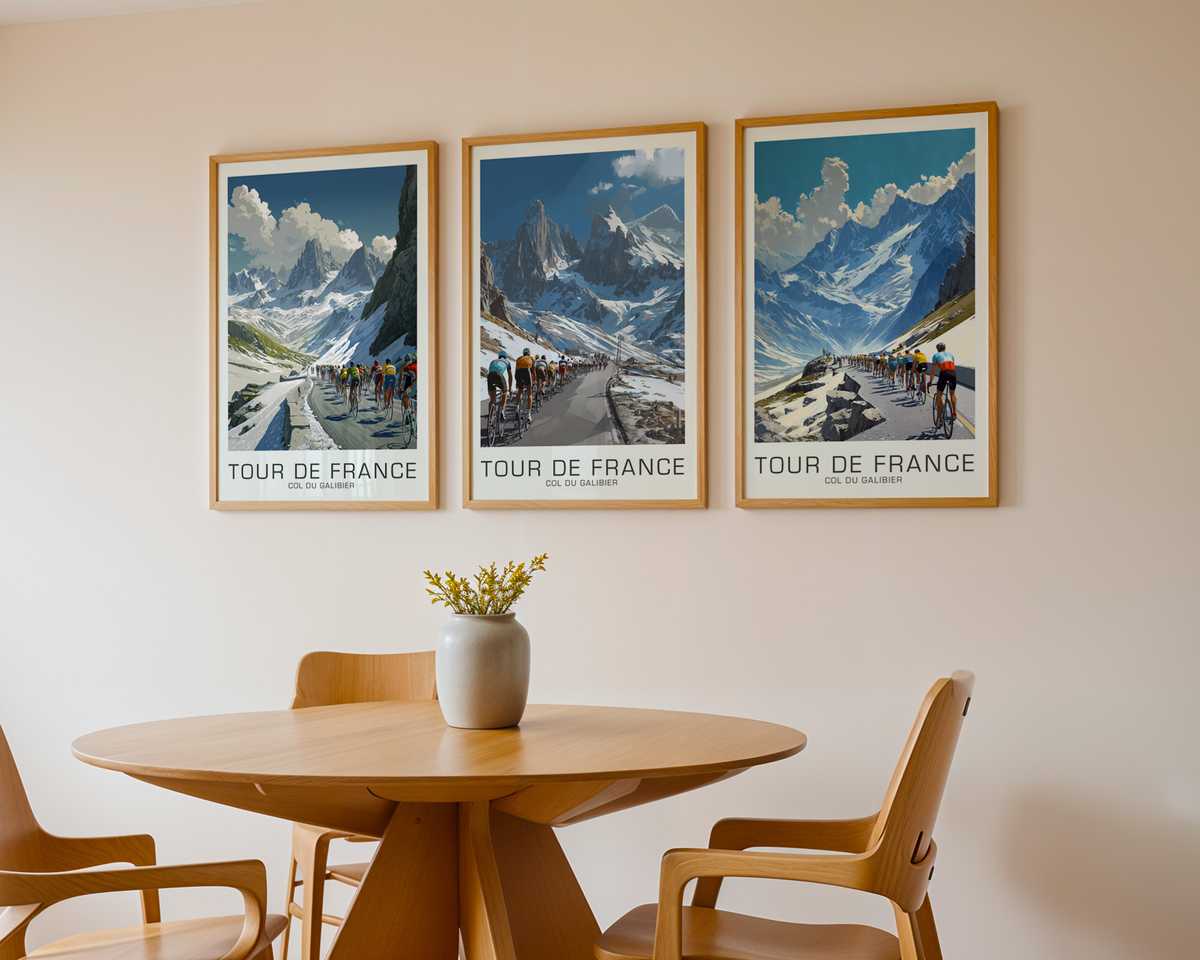 Retro poster style silhouette of a cyclist cresting the Col du Galibier summit with mountain ridges and a pale sky